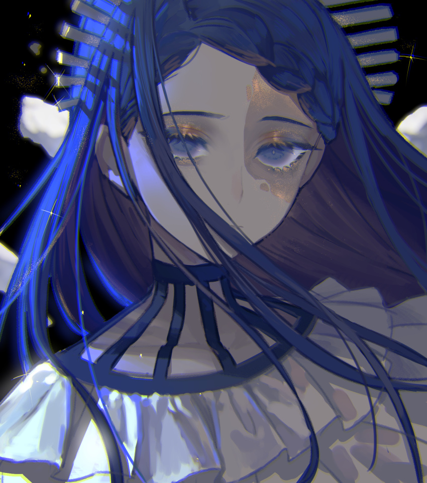 1girl ado_(utaite) black_background blue_eyes blue_hair braid braided_bangs bu_(user_tjph8758) closed_mouth commentary_request expressionless eye_glitter gira-gira-chan_(ado) gira_gira glitter hair_over_mouth highres long_hair looking_at_viewer portrait solo sparkle