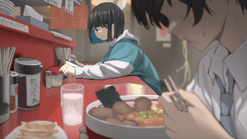 1boy 1girl 38_(sanjuuhachi) black_hair blue_eyes blue_hair blue_necktie blunt_bangs blurry blush bob_cut chopsticks collared_shirt colored_inner_hair commentary_request cup depth_of_field drooling eating faceless faceless_male food food_request highres holding holding_chopsticks holding_phone hood hood_down hoodie leaning_forward long_sleeves looking_at_food multicolored_hair necktie noodles open_collar original parted_lips phone ramen saliva shirt short_hair sidelocks sweat thick_eyelashes two-tone_hair two-tone_hoodie water white_shirt