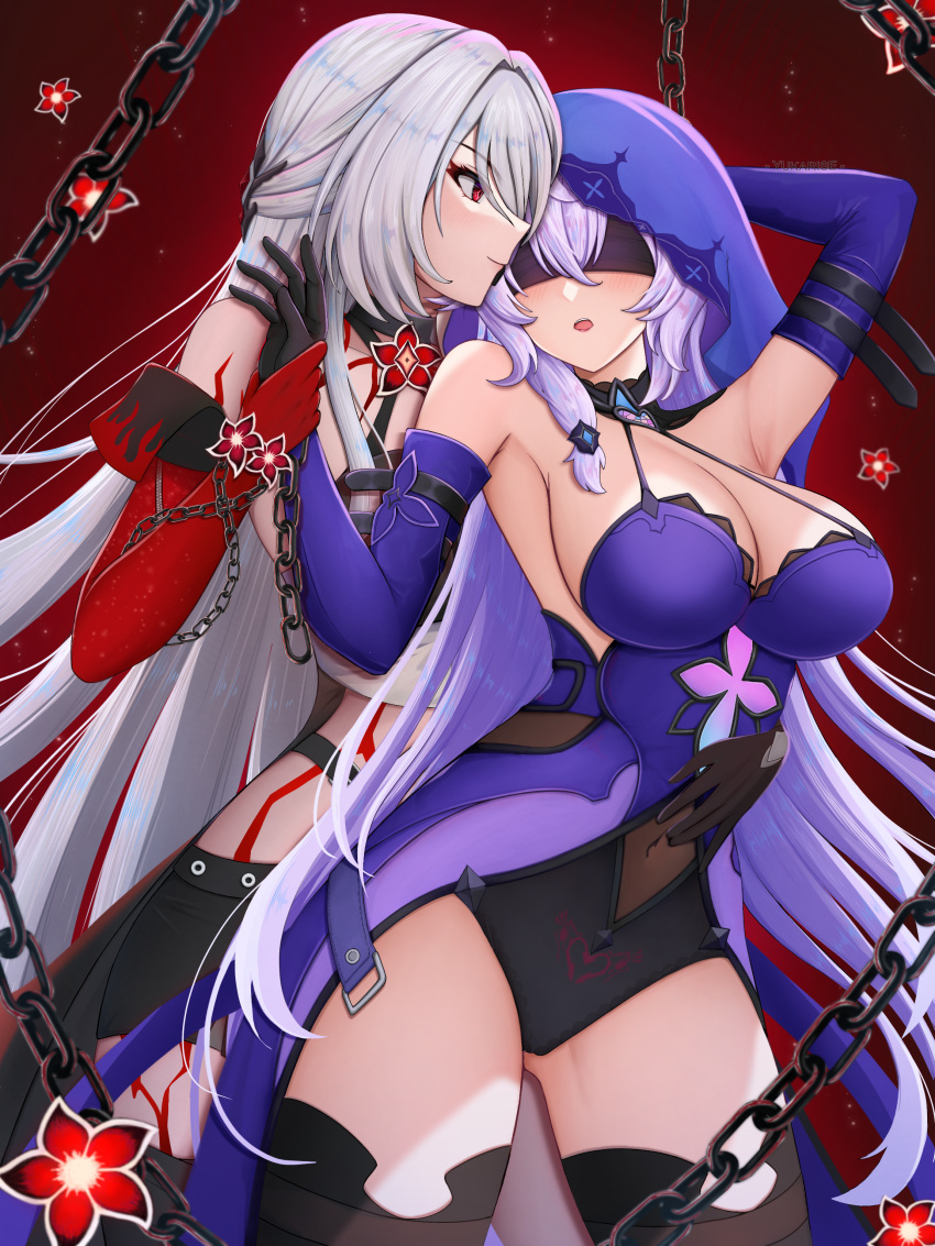 2girls absurdres acheron_(honkai:_star_rail) arm_up black_gloves black_swan_(honkai:_star_rail) black_thighhighs blindfold breasts chain cleavage commentary covered_navel dress elbow_gloves gloves hand_up highres honkai:_star_rail honkai_(series) large_breasts long_hair multiple_girls official_alternate_color purple_dress red_eyes smile thighhighs thighs veil very_long_hair white_hair yukarise yuri