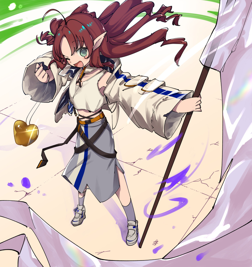 1girl absurdres arknights belt brown_belt brown_hair commentary commentary_request covered_navel crack cracked_floor crop_top ear_piercing flag full_body green_eyes grey_socks hands_up highres holding holding_flag jacket multiple_belts myrtle_(arknights) nzuwaiganin one_eye_closed open_mouth piercing pointy_ears smile socks solo tank_top tile_floor tiles white_flag white_footwear white_jacket