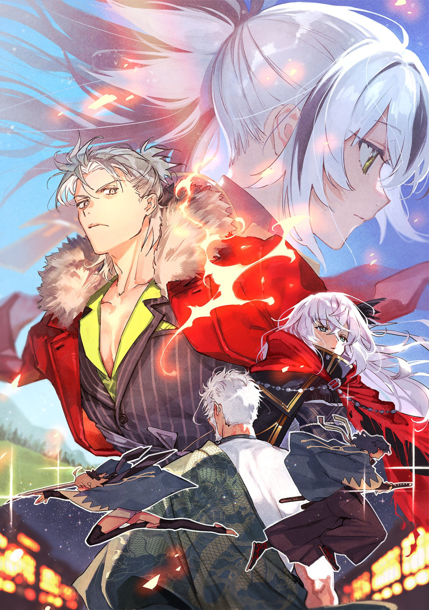 3boys 3girls absurdres black_hair black_thighhighs blonde_hair blue_eyes cape coat coat_on_shoulders fate/grand_order fate_(series) feather_hair_ornament feathers fire fur-trimmed_coat fur_trim green_eyes grey_eyes grey_hair hair_ornament hakama haori highres japanese_clothes katana long_hair multicolored_hair multiple_boys multiple_girls nagakura_shinpachi_(fate) nagao_kagetora_(fate) okita_souji_(fate) okita_souji_(koha-ace) ponytail red_cape saika_magoichi_(fate) saitou_hajime_(fate) striped_suit suit sword takeda_shingen_(fate) thighhighs toeless_legwear two-tone_hair uesugi_kenshin_(fate) uni_(nico02) weapon white_hair