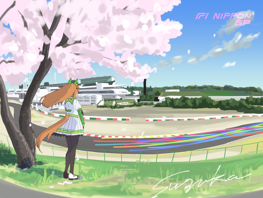 1girl 4me_4ma absurdres animal_ears character_name cherry_blossoms cloud ear_covers floating_hair formula_one highres horse_ears horse_girl horse_tail light_trail logo name_connection orange_hair racetrack real_world_location shirt silence_suzuka_(umamusume) skirt sky solo suzuka_international_racing_course tail tree umamusume white_shirt white_skirt