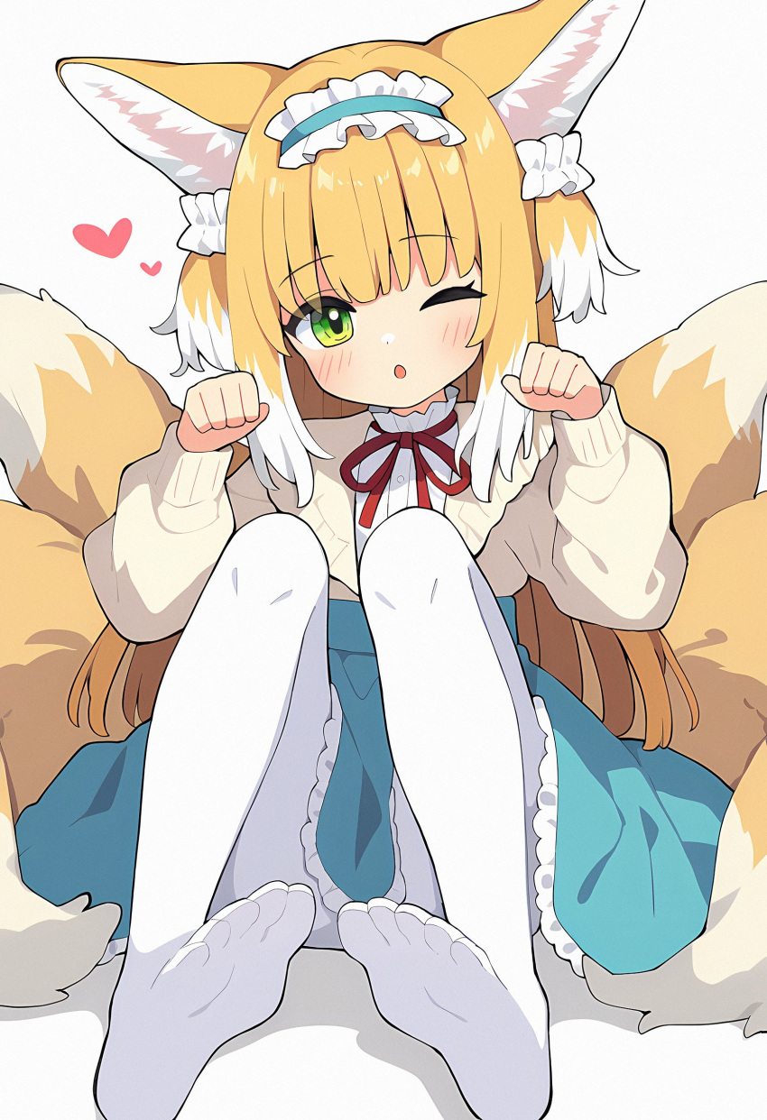 1girl absurdres ai-generated animal_ears arknights auto_ins blonde_hair commentary fox_ears fox_tail green_eyes highres looking_at_viewer one_eye_closed pantyhose simple_background solo suzuran_(arknights) suzuran_(spring_praise)_(arknights) tail white_background white_pantyhose