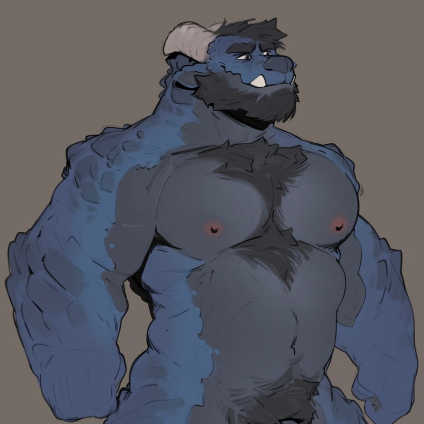 1boy animal_ears bara beard blue_fur chest_tuft clenched_hand completely_nude cowboy_shot curled_horns dragon_boy dragon_ears dragon_horns facial_hair full_beard furry furry_male highres horns huge_eyebrows krog_(krognok) large_pectorals looking_ahead male_focus male_pubic_hair muscular muscular_male navel nipples nude original out-of-frame_censoring pectorals plump pubic_hair scales second-party_source short_hair smile solo standing stomach strongman_waist tek_(no_swift) thick_beard thick_navel_hair tusks two-tone_beard