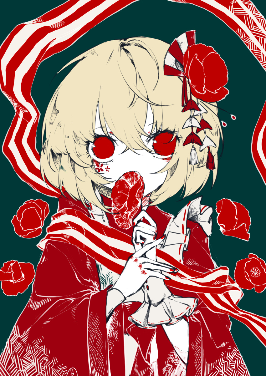 1girl absurdres ascot blonde_hair flower hair_flower hair_ornament hair_ribbon highres holding holding_flower japanese_clothes red_eyes ribbon rumia short_hair solo touhou upper_body zhixie_jiaobu