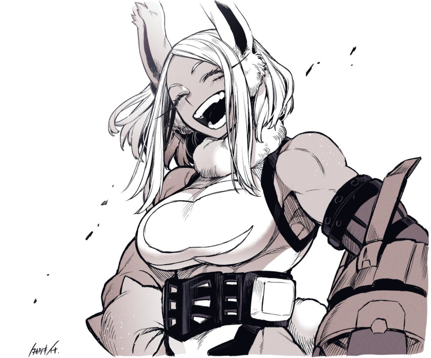 1girl animal_ears bare_shoulders blush boku_no_hero_academia breasts closed_eyes commentary crescent_print dark-skinned_female dark_skin floating_hair fur_collar gloves hand_on_own_hip head_tilt large_breasts leotard long_eyelashes mechanical_arms mirko parted_bangs rabbit_ears rabbit_girl short_hair signature single_mechanical_arm sleeveless_turtleneck_leotard smile solo symbol-only_commentary takatsuki_ichi taut_leotard upper_body white_background white_gloves white_hair white_leotard