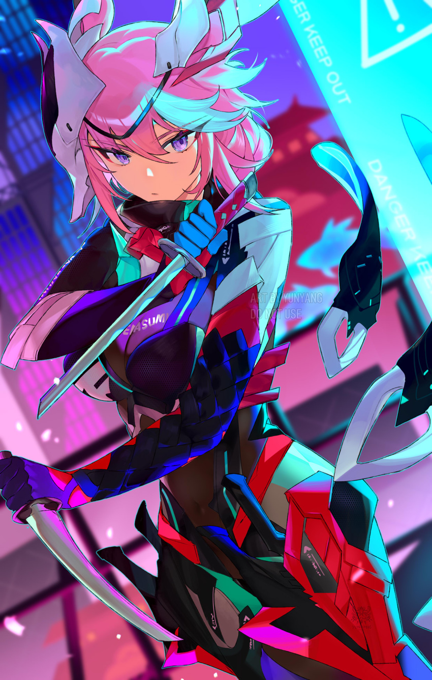 1girl armor black_bodysuit blue_bodysuit bodysuit breastplate breasts cleavage cowboy_shot dagger dual_wielding dutch_angle floating fox_mask greaves hair_between_eyes highres holding holding_dagger holding_knife holding_weapon honkai_(series) honkai_impact_3rd indoors knife large_breasts long_hair looking_at_viewer mask mask_on_head multicolored_bodysuit multicolored_clothes night pink_hair purple_eyes red_bodysuit reverse_grip sidelocks sign solo warning_sign watermark weapon yae_kasumi yae_sakura yun-yang