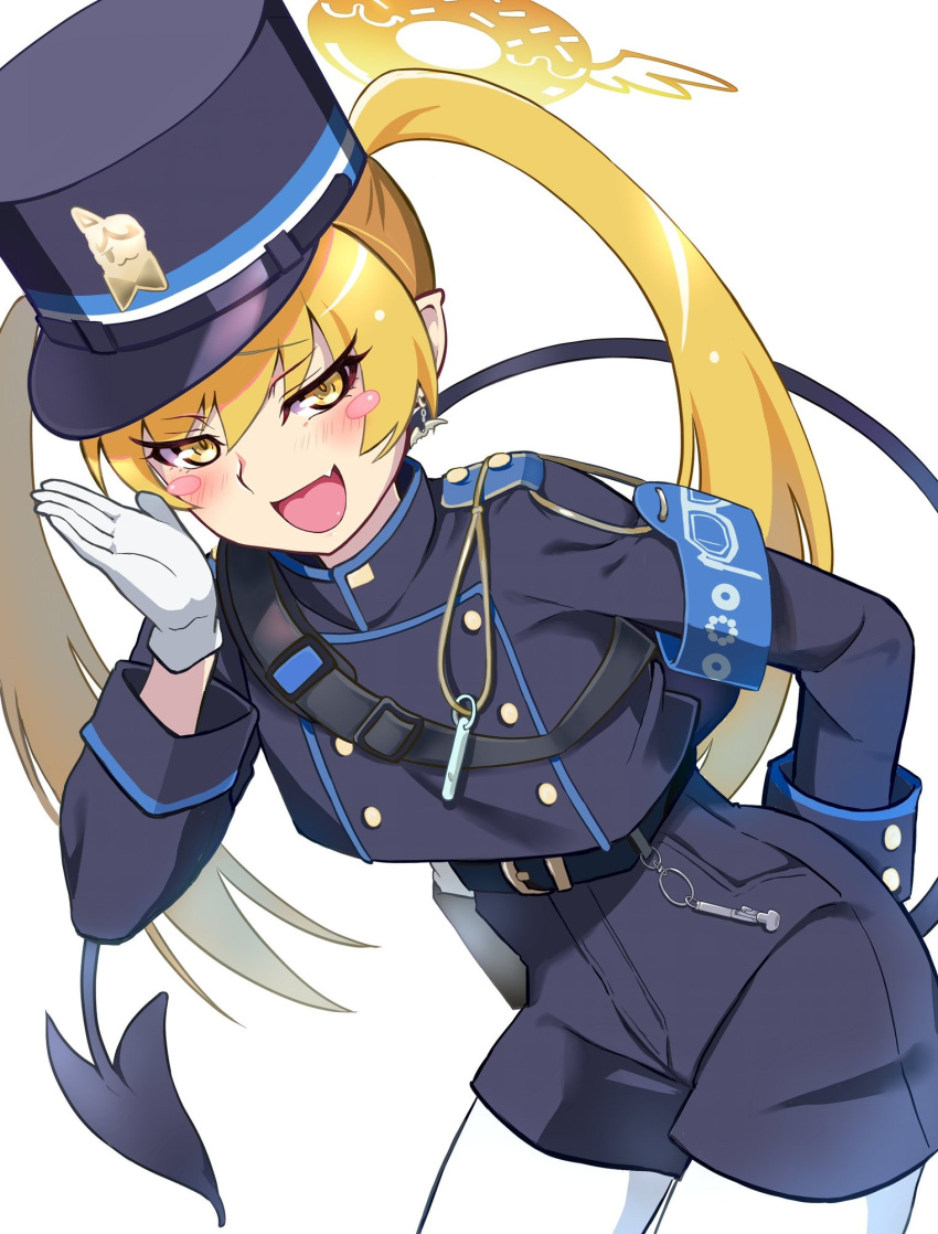 :d arm_behind_back armband bent_over black_hat black_jacket black_shorts blonde_hair blue_archive blue_armband blush blush_stickers buttons cosplay demon_tail double-breasted doughnut doughnut_halo eyelashes fang food gloves hair_between_eyes halo hand_up hat highlander_twintails_conductor_(blue_archive) highlander_twintails_conductor_(blue_archive)_(cosplay) highres jacket leaning_forward long_hair looking_at_viewer mashimaro_tabetai monogatari_(series) narrowed_eyes naughty_face open_mouth oshino_shinobu pantyhose pointy_ears shako_cap shorts simple_background skin_fang smile tail train_conductor twintails white_background white_gloves white_pantyhose winged_halo yellow_eyes