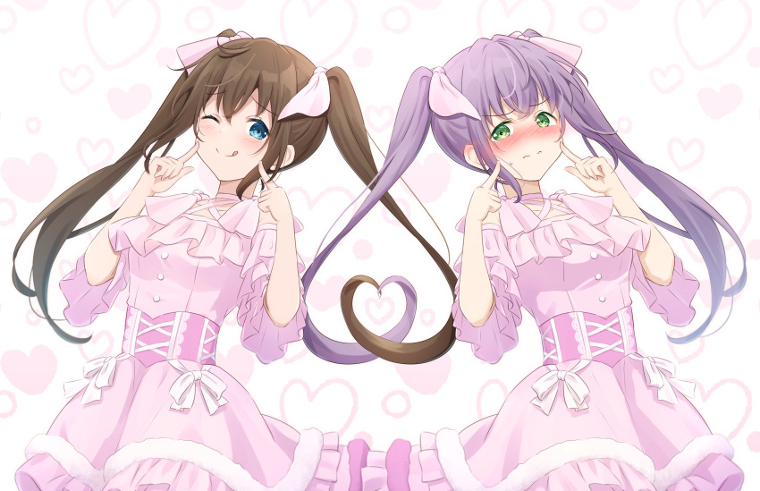 2girls ;q absurdres alternate_hairstyle blue_eyes blush breasts brown_hair commentary_request cosplay criss-cross_halter cross-laced_clothes cross-laced_dress crossed_bangs dress ear_blush fingers_to_cheeks frilled_dress frills furrowed_brow green_eyes hair_between_eyes hair_ribbon halterneck heart heart_background heart_hair heart_hair_duo highres in-franchise_crossover koakuma_love link!_like!_love_live! long_hair looking_at_viewer love_live! love_live!_nijigasaki_high_school_idol_club medium_breasts multiple_girls nose_blush off-shoulder_dress off_shoulder one_eye_closed osaka_shizuku osaka_shizuku_(cosplay) otomune_kozue pink_dress pink_ribbon purple_hair ribbon short_sleeves sidelocks small_sweatdrop split_mouth tongue tongue_out twintails upper_body white_background yutuki_ame