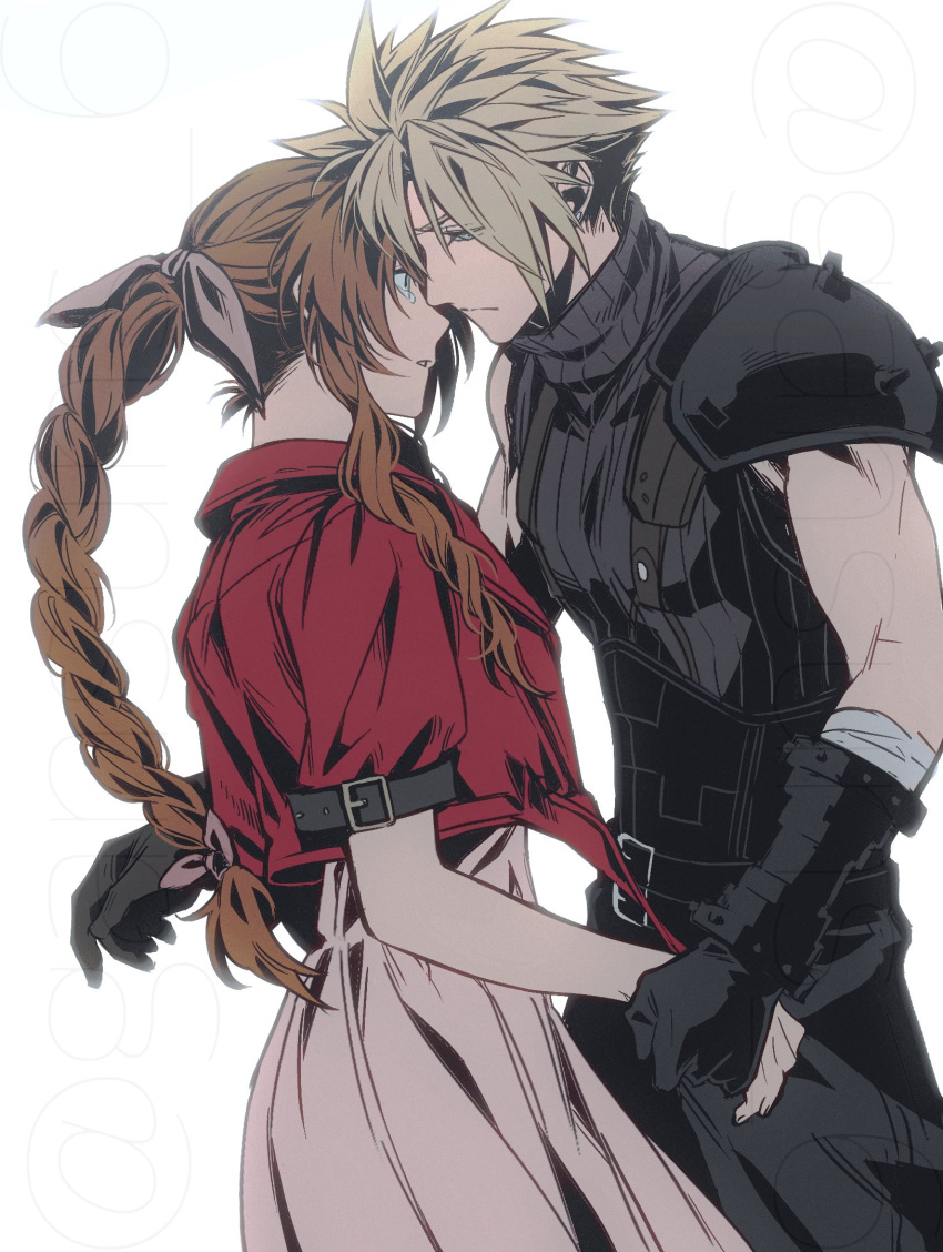 1boy 1girl aerith_gainsborough armor bandaged_arm bandages belt black_gloves blonde_hair braid braided_ponytail brown_hair closed_mouth cloud_strife couple cowboy_shot cropped_jacket dress earrings final_fantasy final_fantasy_vii final_fantasy_vii_rebirth final_fantasy_vii_remake gloves hair_ribbon half-closed_eyes hetero highres holding_hands jacket jewelry long_dress long_hair multiple_belts parted_bangs parted_lips pink_dress pink_ribbon red_jacket ribbon roku_(gansuns) short_hair short_sleeves shoulder_armor sidelocks single_bare_shoulder single_braid single_earring single_shoulder_pad sleeveless sleeveless_turtleneck spiked_hair suspenders tears turtleneck twitter_username wavy_hair white_background