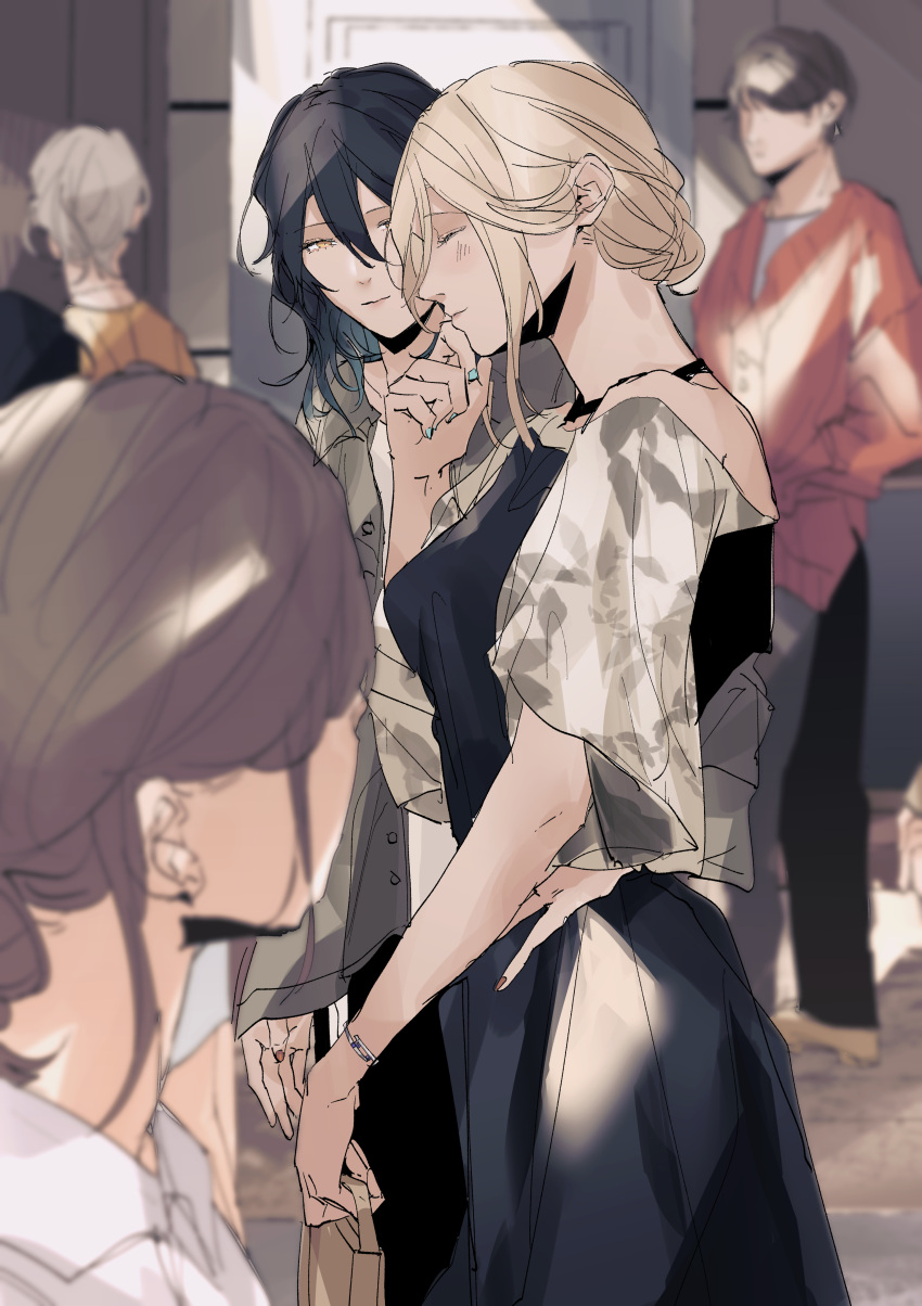 2boys 3girls absurdres bag black_dress black_hair blonde_hair blue_nails blurry blurry_background blurry_foreground blush bracelet brown_hair closed_eyes closed_mouth commentary_request dress grey_jacket hair_up hand_on_another's_waist hand_up highres holding holding_bag ito_shiori jacket jewelry long_sleeves looking_at_another medium_hair multiple_boys multiple_girls off-shoulder_dress off_shoulder original outdoors purple_eyes red_nails red_shirt sara_turner shirt shisa_co short_hair smile white_hair yellow_eyes yuri