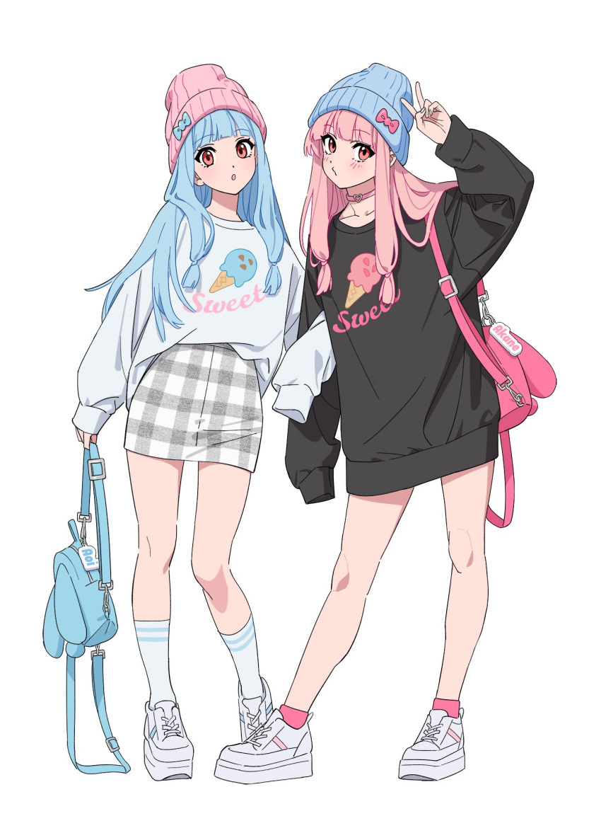 2girls :o backpack bag beanie blue_hair blunt_bangs blush dress full_body hat highres ice_cream_print kotonoha_akane kotonoha_aoi locked_arms long_hair looking_at_viewer moya_(toatomoot) multiple_girls pink_eyes pink_hair puckered_lips shoes siblings simple_background sisters skirt sleeves_past_fingers sleeves_past_wrists sneakers socks sweater sweater_dress v voiceroid white_background