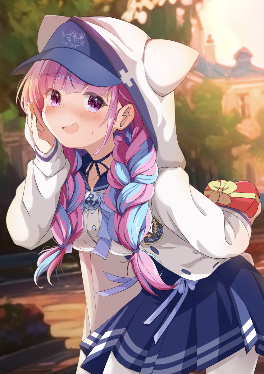 1girl absurdres animal_ear_hood baseball_cap blue_hair blue_hat blue_ribbon blue_skirt blush box braid choker hat heart-shaped_box highres holding holding_box hololive hood jacket long_hair looking_at_viewer marie_(marie_cookie222) minato_aqua minato_aqua_(sailor) multicolored_hair official_alternate_costume open_mouth panties pink_hair purple_eyes ribbon ribbon_choker shirt skirt smile twin_braids two-tone_hair underwear virtual_youtuber white_jacket white_panties white_shirt