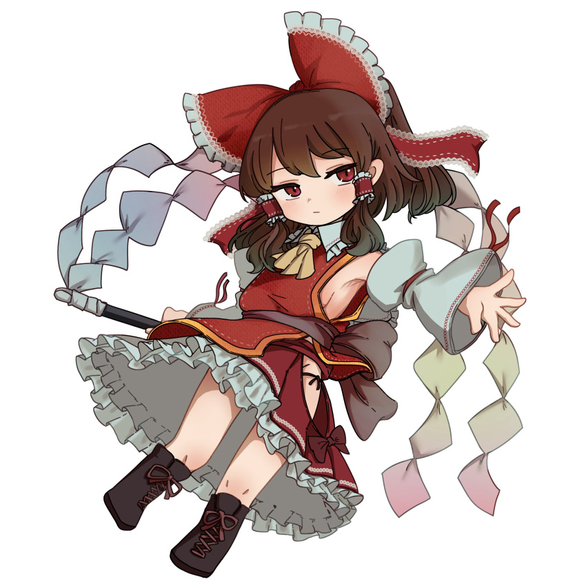 1girl absurdres ascot black_panties boots bow breasts brown_footwear brown_hair chibi closed_mouth commentary_request detached_sleeves expressionless frilled_bow frilled_hair_tubes frilled_skirt frills gohei hair_bow hair_tubes hakurei_reimu highres hip_vent holding holding_gohei long_sleeves medium_breasts medium_hair mesuosushi no_bra panties red_bow red_skirt red_vest sideboob sidelocks skirt solo touhou underwear vest white_sleeves wide_sleeves yellow_ascot