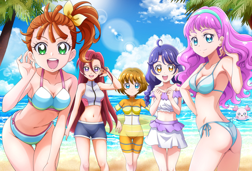 5girls :d ahoge ass ass_visible_through_thighs asymmetrical_bangs beach bikini bikini_shorts blue_bikini blue_eyes blue_hairband blue_sky bow breasts brown_eyes brown_hair cleavage closed_mouth cloud collarbone commentary_request cowboy_shot day diving_suit dry_suit floating_hair green_eyes grey_bikini grey_shorts hair_between_eyes hair_bow hair_intakes hairband halterneck hand_in_own_hair hand_on_lap hanzou high_ponytail highres holding holding_swim_ring ichinose_minori innertube kururun_(precure) laura_la_mer leaning_forward lens_flare light_frown long_hair long_sleeves looking_at_viewer medium_breasts miniskirt multiple_girls natsuumi_manatsu navel no_eyewear ocean open_mouth outdoors palm_tree partial_commentary pink_hair precure purple_eyes purple_hair red_hair short_hair short_shorts shorts side_ponytail skirt sky small_breasts smile spoilers sports_bikini standing straight_hair suzumura_sango swim_ring swimsuit takizawa_asuka tankini thigh_gap tree tropical-rouge!_precure very_long_hair white_skirt