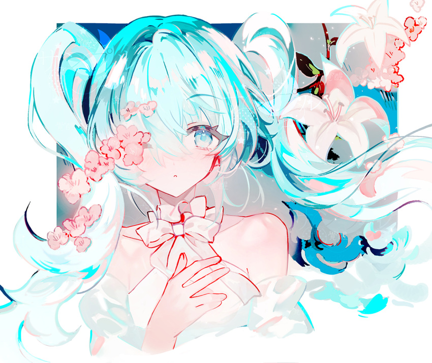 1girl ;o bare_shoulders blue_eyes blue_hair collarbone commentary_request dress flower hair_between_eyes hand_up hatsune_miku juexing_(moemoe3345) long_hair looking_at_viewer one_eye_closed parted_lips pink_flower sleeveless sleeveless_dress solo upper_body vocaloid white_dress white_flower