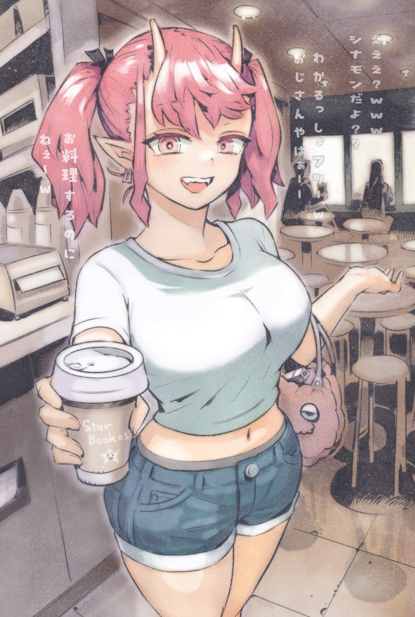 1girl bag bar_(place) blush breasts commentary_request crop_top cup denim denim_shorts disposable_cup earrings handbag highres horns indoors jewelry large_breasts looking_at_viewer navel nishi_yoshiyuki oni open_mouth original pink_eyes pink_hair pointy_ears shorts skin-covered_horns smile solo translation_request twintails