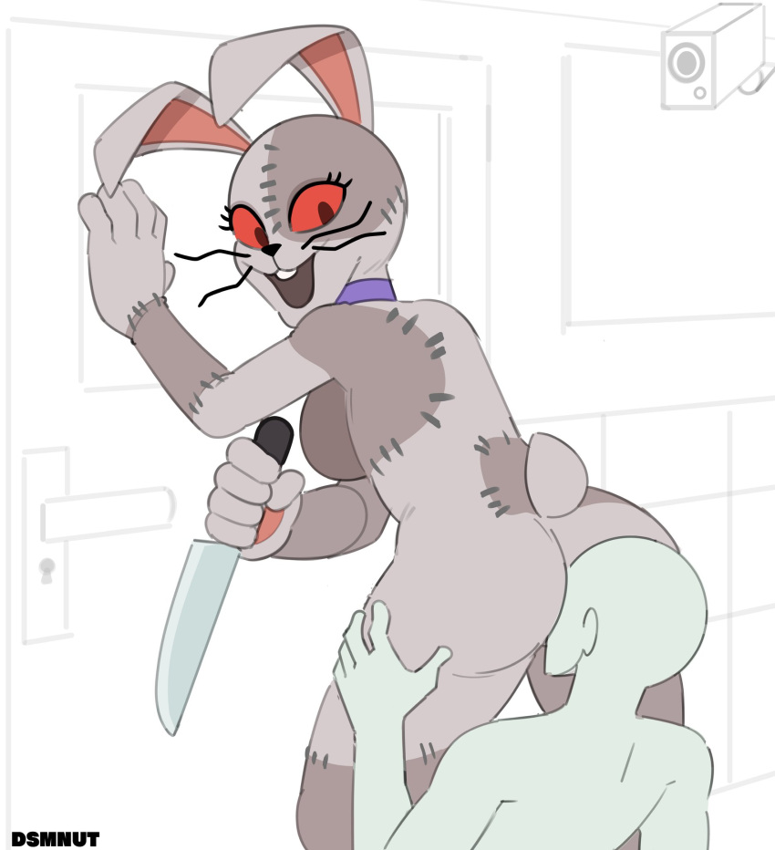 anal anon bow_tie buckteeth camera door dsmnup female five_nights_at_freddy's hi_res human knife lagomorph leporid looking_back looking_down male mammal oral patchwork rabbit red_eyes rimming scottgames sex signature sketch sketch_background stitch_(sewing) teeth vanny_(fnaf) whiskers