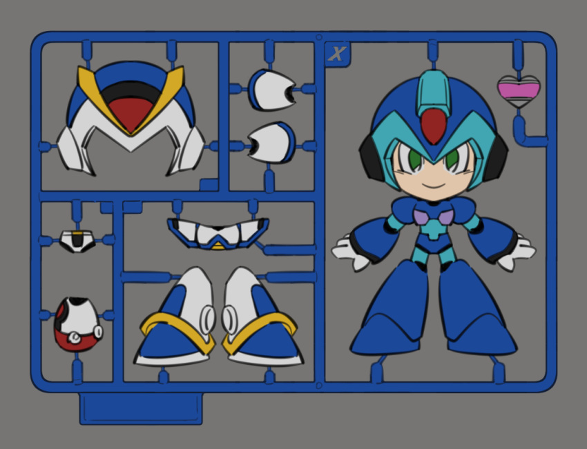 1boy armor blue_armor blue_helmet character_name chibi first_armor_x_(mega_man) forehead_jewel green_eyes grey_background heart maeeeeeeeeng mega_man_(series) mega_man_x_(series) model_kit shoulder_armor simple_background solo unworn_armor white_armor white_helmet x_(mega_man)