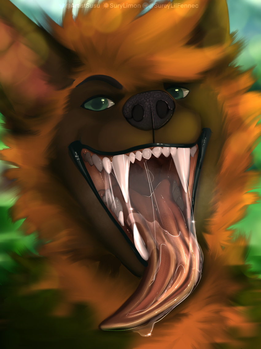 absurd_res anthro bat bodily_fluids brown_body brown_fur digital_media_(artwork) digital_painting_(artwork) excessive_saliva fangs flying_fox fur gaping_mouth green_eyes hi_res indian_flying_fox male mammal mateothebat megabat mouth_shot open_mouth orange_body orange_fur saliva saliva_on_tongue saliva_string solo surylimon teeth tongue tongue_out uvula