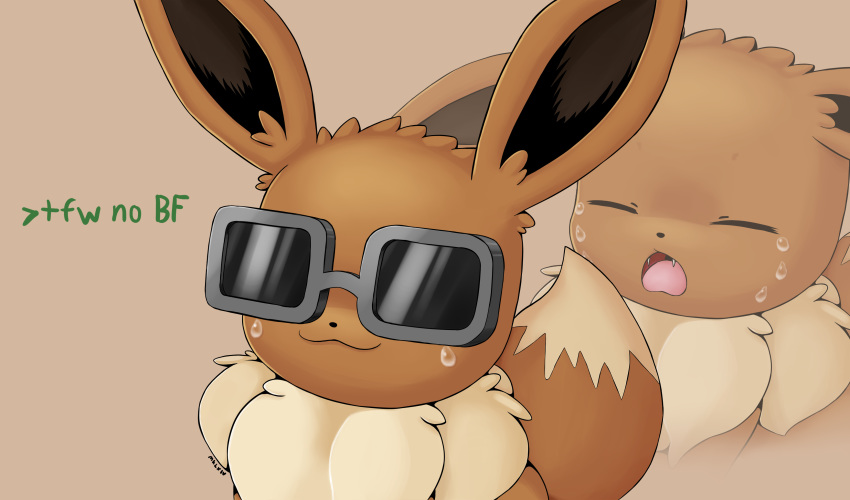 2020 absurd_res ambiguous_gender bodily_fluids brown_background brown_body brown_ears brown_fur brown_tail crying cute_fangs digital_media_(artwork) dipstick_tail duo eevee eyes_closed eyewear feral fluffy fluffy_tail fur green_text greentext half-length_portrait hi_res mklxiv multicolored_tail neck_tuft nintendo open_mouth pok&eacute;mon pok&eacute;mon_(species) portrait signature simple_background smile solo sunglasses tan_body tan_fur tears text tongue tuft video_games