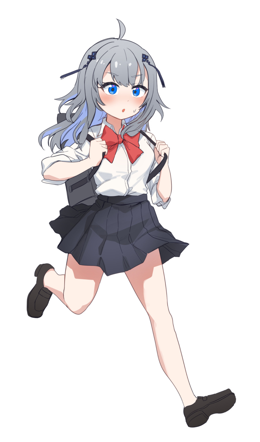 1girl :o ahoge aningay bag black_footwear blue_eyes blue_hair blue_skirt blush bow collared_shirt dress_shirt grey_hair highres loafers long_hair multicolored_hair original parted_lips pleated_skirt red_bow running school_bag school_uniform shirt shoes skirt solo sweat two-tone_hair white_shirt