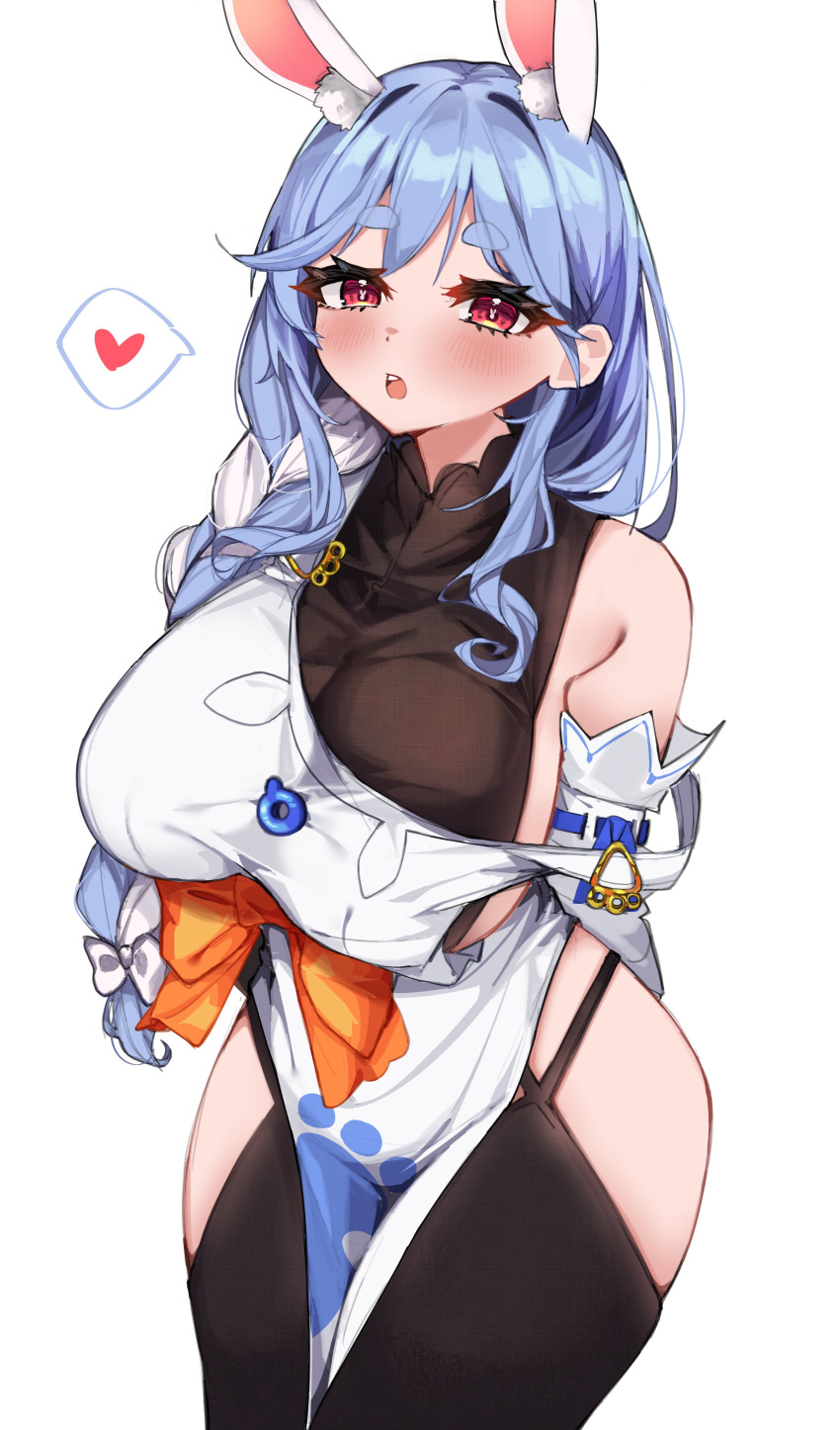 1girl absurdres animal_ear_fluff animal_ears apron auraaa blue_hair blush braid braided_ponytail breasts detached_sleeves highres hololive large_breasts long_hair looking_at_viewer mature_female multicolored_hair open_mouth pekomama rabbit-shaped_pupils rabbit_ears rabbit_girl red_eyes short_eyebrows smile solo symbol-shaped_pupils thick_eyebrows virtual_youtuber white_hair