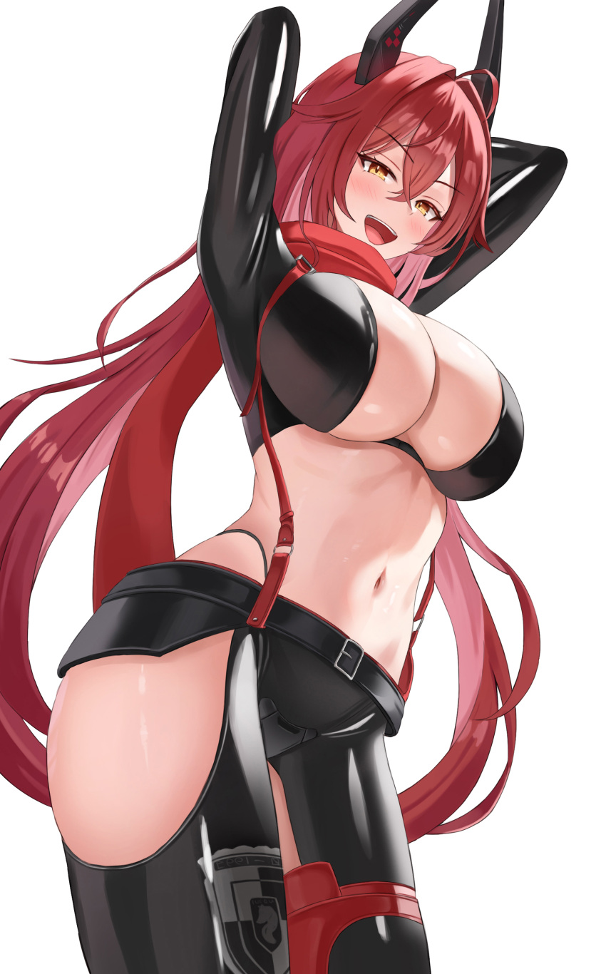 1girl :d absurdres ahoge arms_behind_head arms_up belt black_belt black_jacket black_pants blush breasts cleavage commentary cowboy_shot cropped_jacket crossed_bangs crotch_plate goddess_of_victory:_nikke hair_between_eyes hair_intakes highres hip_vent horns jacket kitin large_breasts leather leather_jacket leather_pants long_hair long_sleeves looking_at_viewer mechanical_horns midriff navel open_mouth pants red_hair red_hood_(nikke) red_scarf scarf sidelocks simple_background smile solo standing suspenders teeth upper_teeth_only white_background yellow_eyes