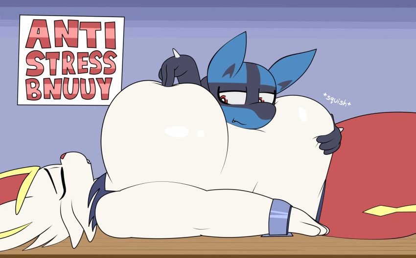 ambiguous_gender anthro belly belly_grab big_breasts blitzyflair blue_body breast_squish breasts canid cinderace duo eyes_closed female generation_4_pokemon generation_8_pokemon hi_res huge_breasts lagomorph lucario mammal nintendo pokemon pokemon_(species) red_eyes sign slightly_chubby squish white_body
