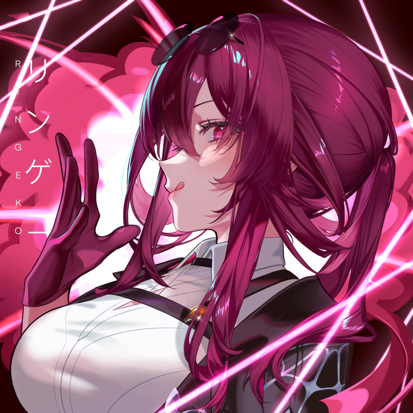 1girl absurdres artist_name breasts collared_shirt commentary eyewear_on_head from_side gloves highres honkai:_star_rail honkai_(series) kafka_(honkai:_star_rail) large_breasts licking_lips long_hair looking_at_viewer looking_to_the_side pince-nez ponytail purple_eyes purple_gloves purple_hair ringeko-chan shirt sidelocks sideways_glance solo sunglasses tongue tongue_out white_shirt