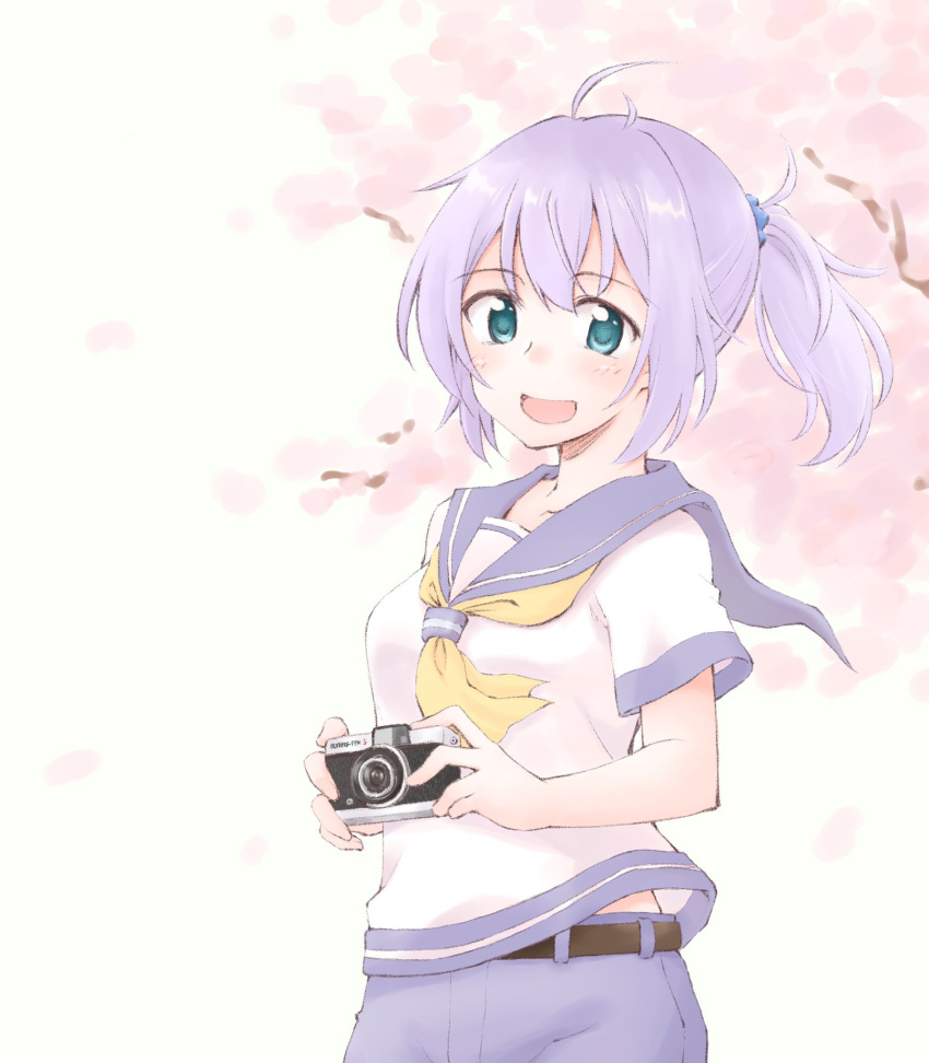 1girl :d ahoge aoba_(kantai_collection) blue_eyes blue_scrunchie blue_shorts camera eyebrows_visible_through_hair hair_ornament hair_scrunchie highres holding holding_camera kantai_collection looking_at_viewer neckerchief open_mouth ponytail purple_hair school_uniform scrunchie senba_yuu serafuku shorts smile solo yellow_neckwear