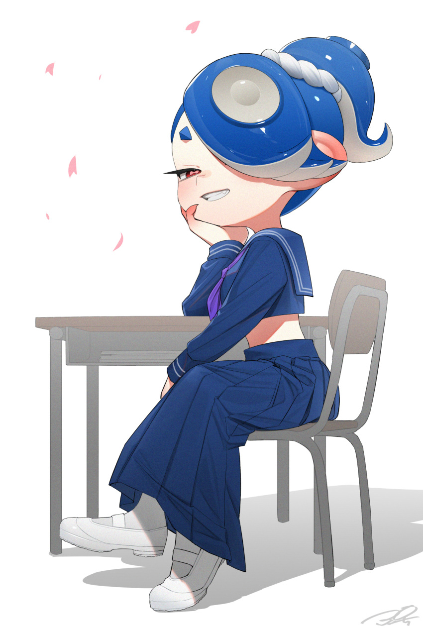 1girl aged_down blue_hair blue_sailor_collar blue_serafuku blue_skirt cephalopod_eyes chair crop_top desk falling_petals figure_four_sitting full_body grin hair_over_one_eye hand_on_own_chin head_rest high_ponytail highres long_hair long_skirt looking_at_viewer mary_janes midriff neckerchief octoling official_alternate_costume on_chair one_eye_covered pantyhose petals pink_petals pink_pupils pleated_skirt puchiman purple_neckerchief red_eyes sailor_collar school_chair school_desk school_uniform serafuku shiver_(splatoon) shoes sitting skirt smile solo splatoon_(series) splatoon_3 suction_cups swept_bangs tentacle_hair white_background white_footwear white_pantyhose