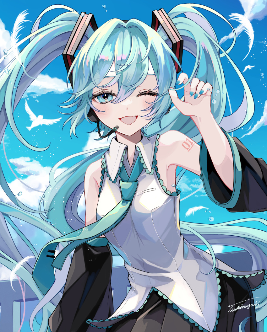 1girl ;d absurdres arm_tattoo bird black_skirt black_sleeves blue_eyes blue_hair blue_nails blue_necktie blue_sky cloud collared_shirt day detached_sleeves dress_shirt fang floating_hair hair_ornament hatsune_miku headphones headset highres long_hair long_sleeves looking_at_viewer microphone miku_day naguno-0713 nail_polish necktie number_tattoo one_eye_closed outdoors pleated_skirt shirt skin_fang skirt sky sleeveless sleeveless_shirt smile solo tattoo twintails very_long_hair vocaloid white_shirt wing_collar