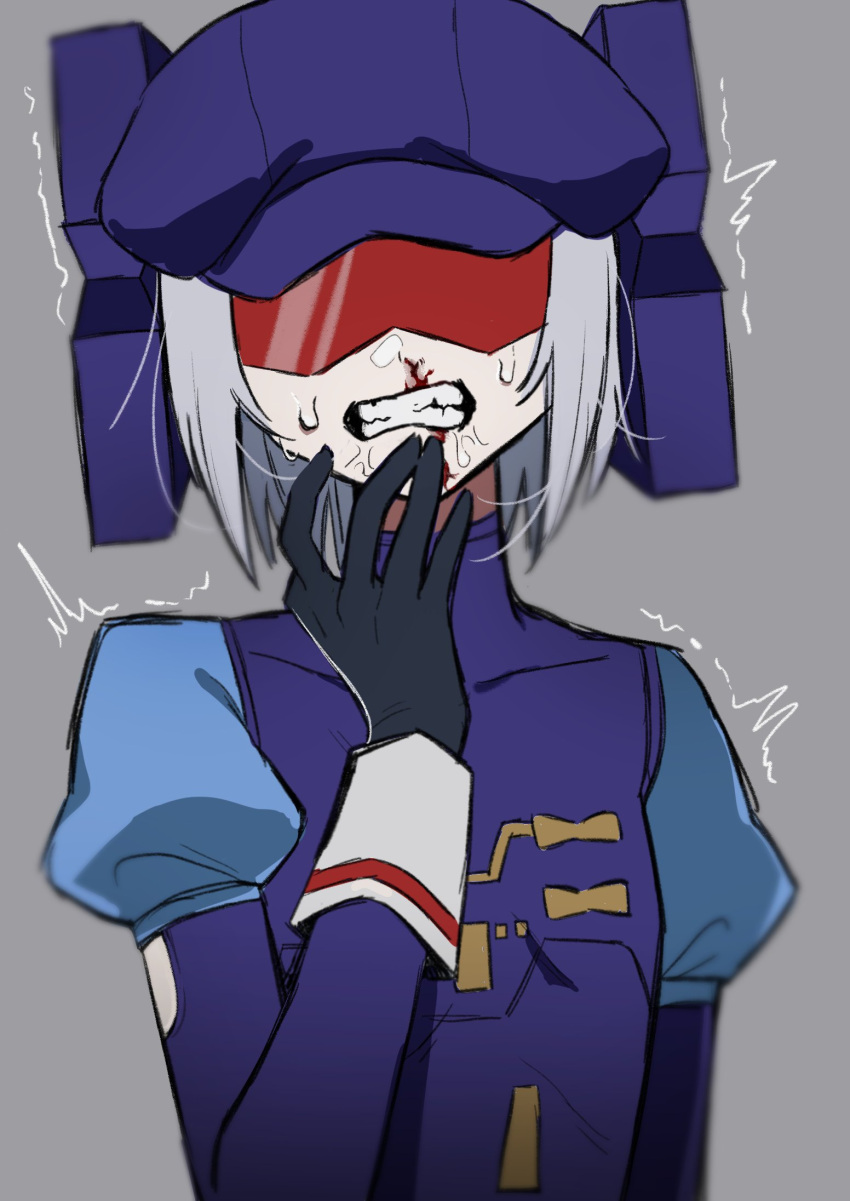 1girl all_hail_megatron angry black_gloves blood clenched_teeth flat_chest frenzy_(transformers) genderswap genderswap_(mtf) gloves grey_background grey_hair highres humanization idzuki_kenkyu-in juliet_sleeves long_sleeves nosebleed open_mouth portrait puffy_sleeves purple_hat red-tinted_eyewear short_hair solo sunglasses teeth the_transformers_(idw) tinted_eyewear transformers trembling veins