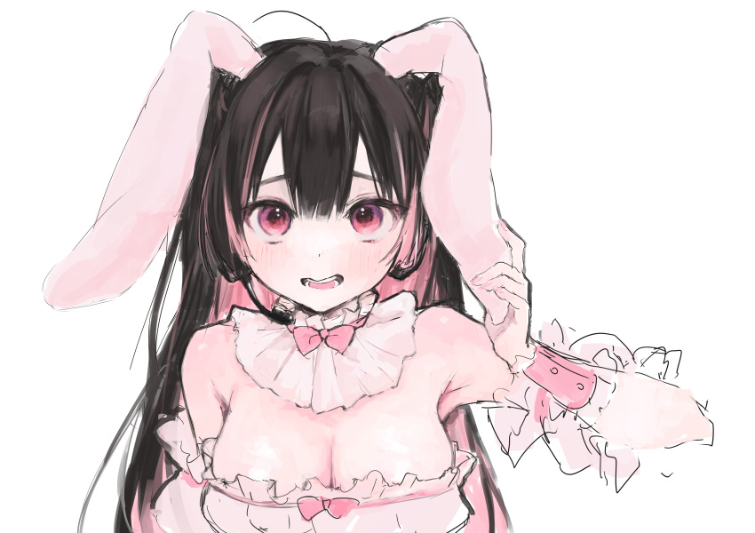 1girl absurdres ahoge animal_ears black_hair blush breasts cleavage collar colored_inner_hair fake_animal_ears frilled_collar frills headset highres iq033 long_hair multicolored_hair open_mouth original pink_eyes pink_hair rabbit_ears solo