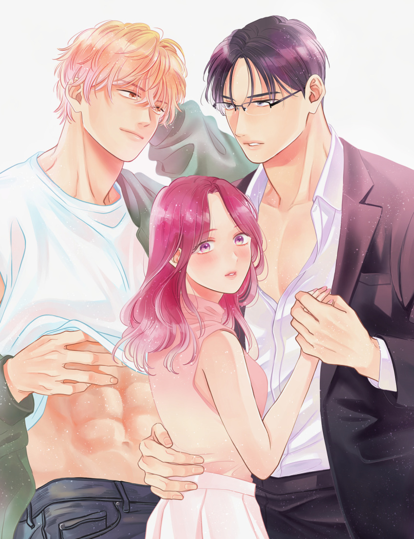 1girl 2boys abs black_hair black_jacket black_pants blonde_hair glasses grey_eyes hand_on_own_stomach hetero highres jacket jacket_partially_removed looking_at_viewer multiple_boys muscular muscular_male original pants pink_eyes pink_skirt red_hair shirt short_hair skirt standing ueno_haruki white_background white_shirt