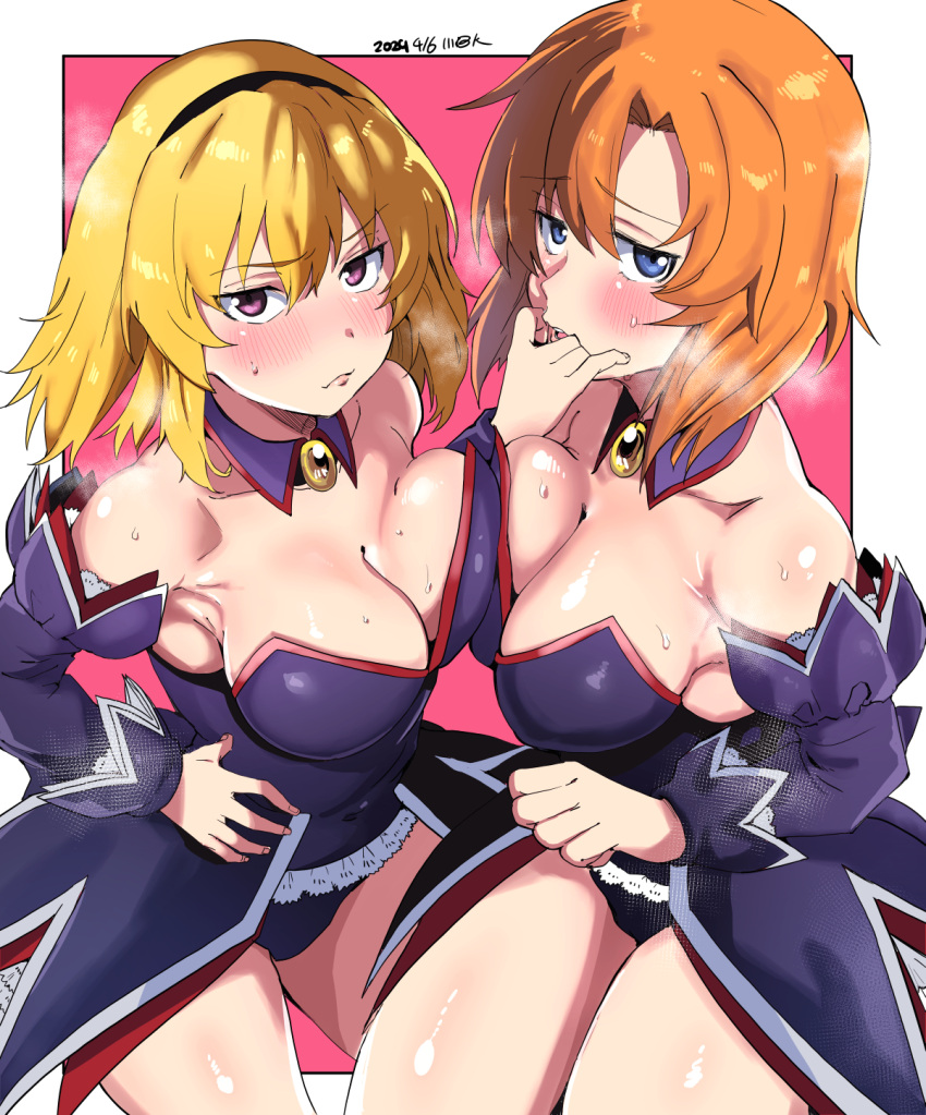 2girls asymmetrical_docking blonde_hair blue_eyes blush breast_press breasts cleavage dress hairband highres higurashi_no_naku_koro_ni houjou_satoko large_breasts looking_at_viewer medium_hair multiple_girls onuma_kuma orange_hair purple_eyes ryuuguu_rena sleeveless sleeveless_dress