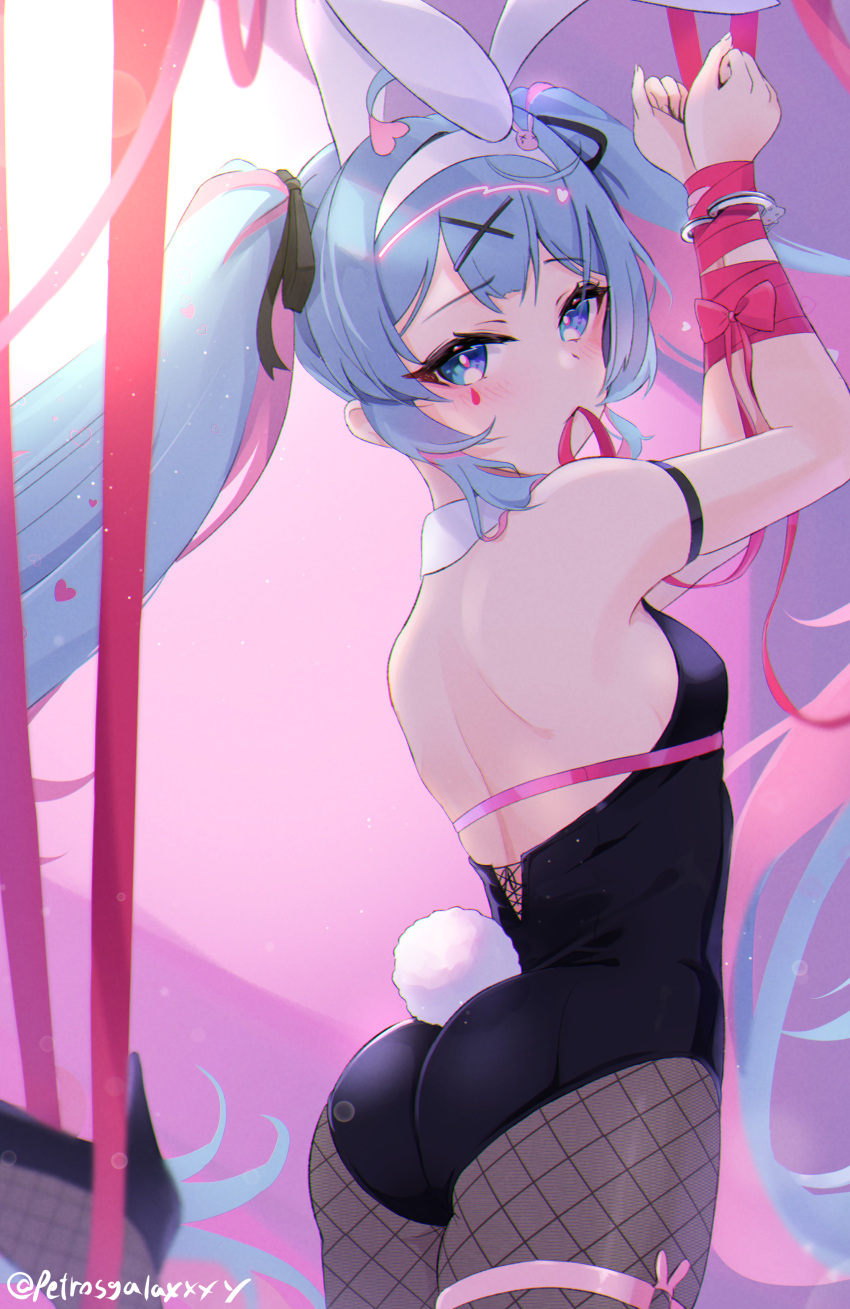 1girl absurdres animal_ears arm_strap black_leotard black_ribbon blue_eyes blue_hair bound bound_wrists cowboy_shot facial_mark fake_animal_ears fake_tail fishnet_pantyhose fishnets floating_hair grey_pantyhose hair_ribbon hairband hatsune_miku highres leotard long_hair looking_at_viewer mouth_hold multicolored_hair pantyhose peteron pink_hair pink_ribbon playboy_bunny rabbit_ears rabbit_hole_(vocaloid) rabbit_tail ribbon shoulder_blades skindentation solo standing tail twitter_username two-tone_hair very_long_hair vocaloid white_hairband