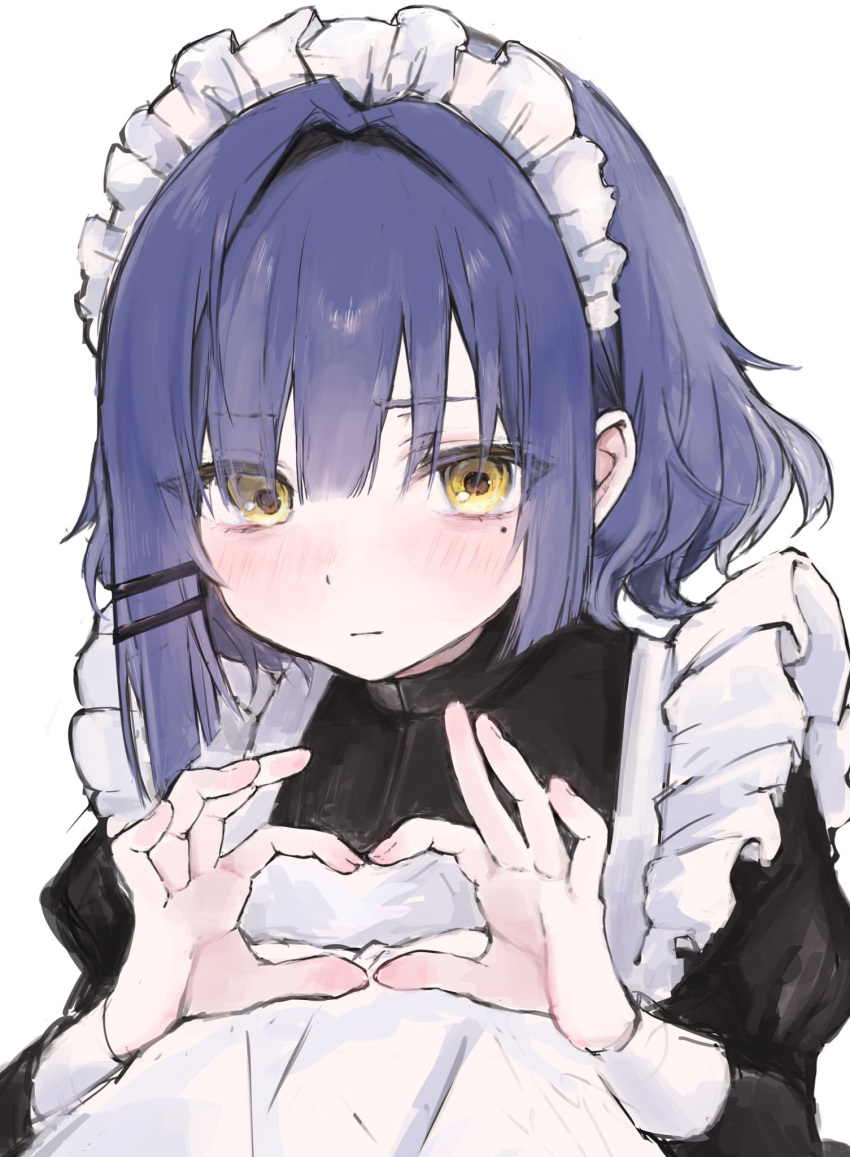 1girl apron black_dress blue_hair blush bocchi_the_rock! dress expressionless heart heart_hands highres iq033 looking_at_viewer maid maid_apron maid_headdress mole mole_under_eye short_hair simple_background solo upper_body white_apron white_background yamada_ryo yellow_eyes