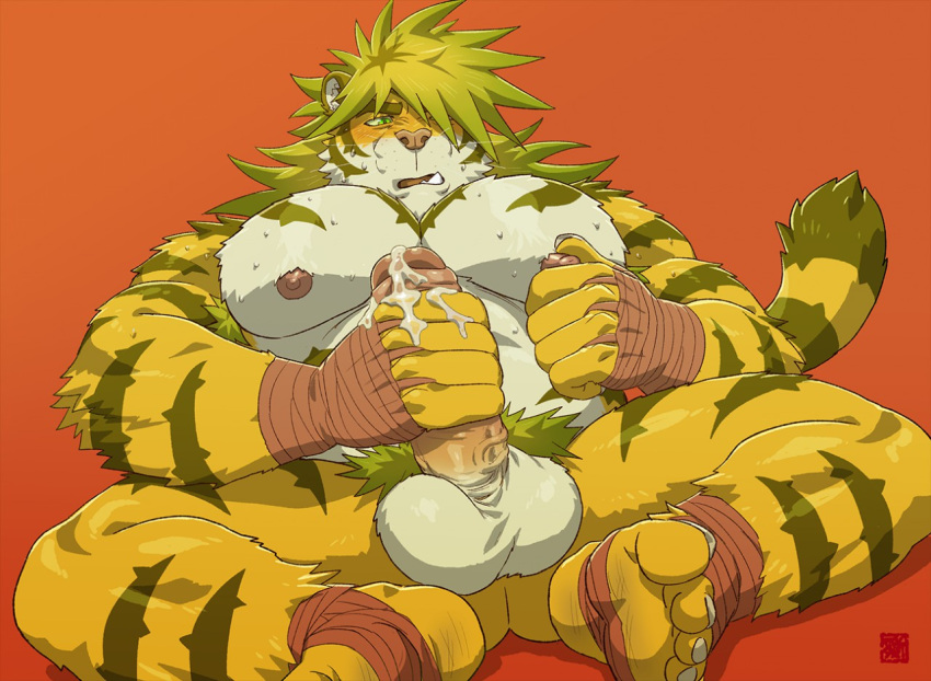 1boy alternate_eye_color animal_ears bara belly blonde_hair blush cum cum_on_hands feet furry furry_male green_eyes hair_over_one_eye huge_pectorals huge_penis large_hands large_testicles macan_(housamo) male_focus male_masturbation masturbation muscular muscular_male nipple_stimulation nipple_tweak nipples penis plump rossciaco sitting solo testicles thick_eyebrows thick_thighs thighs tiger_boy tiger_ears tokyo_afterschool_summoners tweaking_own_nipple uncensored yellow_fur