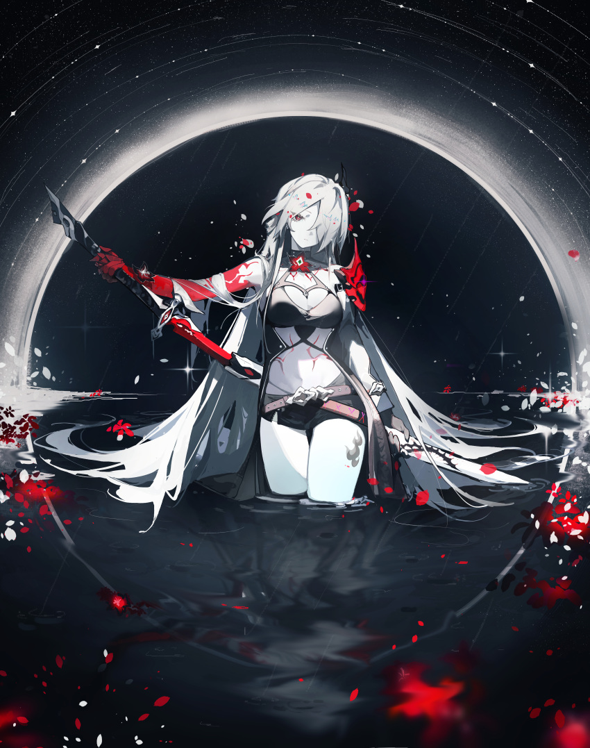 absurdres acheron_(honkai:_star_rail) black_shorts body_markings breasts choker cleavage coat coattails detached_sleeves flower gloves hair_over_one_eye highres honkai:_star_rail honkai_(series) jiuxiaoshi leg_tattoo long_hair midriff navel pale_skin partially_submerged red_eyes red_flower reflection ripples sheath short_shorts shorts single_bare_shoulder solo stomach sword tattoo unsheathing water weapon white_hair