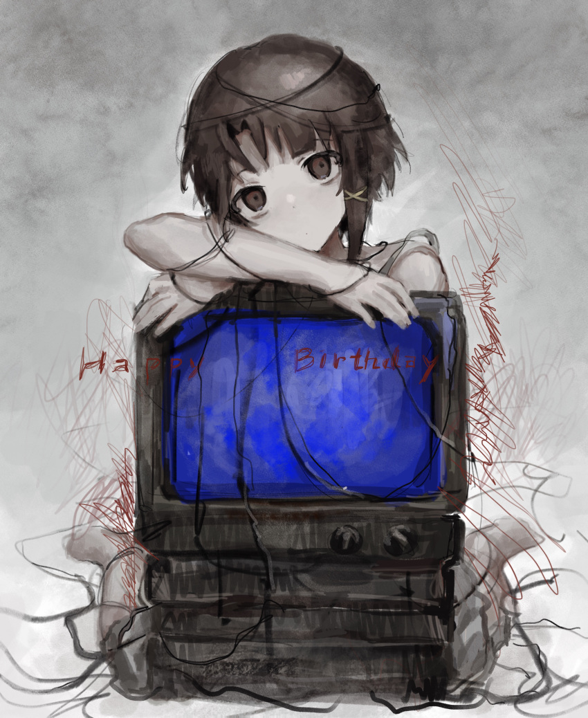 1girl absurdres brown_eyes brown_hair cable chan8016 dot_mouth empty_eyes happy_birthday highres hugging_object iwakura_lain looking_at_viewer scribble serial_experiments_lain short_hair solo television very_short_hair