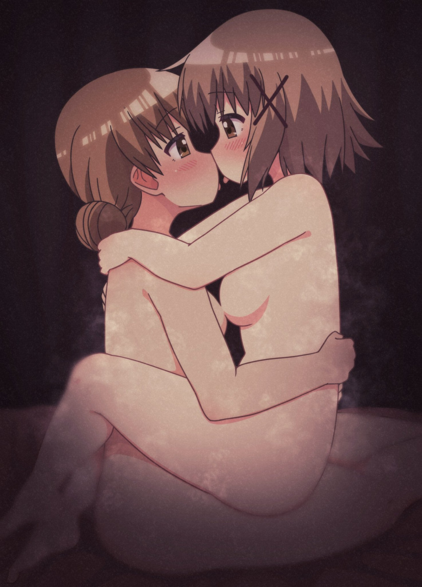 2girls age_difference barefoot blush breast_press breasts brown_eyes brown_hair feet hair_ornament hidamari_sketch highres hug incest kiss looking_at_another medium_hair mother_and_daughter multiple_girls nude okaasan_(okaasandx) short_hair steaming_body symmetrical_docking tongue tongue_out x_hair_ornament yuno_(hidamari_sketch) yuri