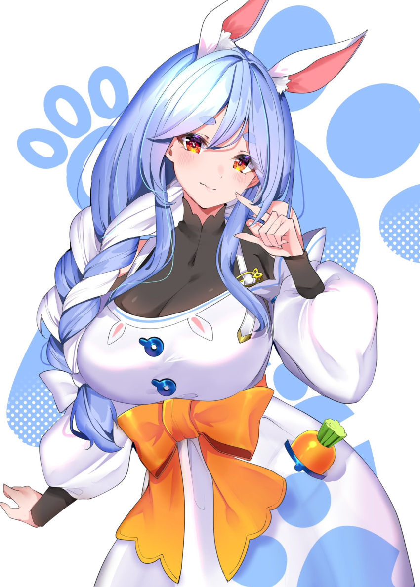 animal_ear_fluff animal_ears blue_hair braid braided_ponytail breasts carrot carrot_in_pocket cleavage highres hololive housewife large_breasts long_hair looking_at_viewer mature_female multicolored_hair orange_eyes pekomama rabbit_ears rabbit_girl short_eyebrows solo thick_eyebrows virtual_youtuber white_hair yuanagae