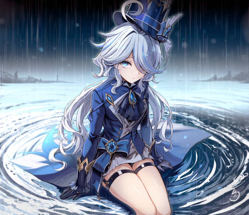 1girl ahoge ascot black_gloves blue_ascot blue_eyes blue_hair blue_hat blue_jacket brooch commentary_request furina_(genshin_impact) genshin_impact gloves hair_over_one_eye hat highres jacket jewelry koissa long_hair long_sleeves looking_at_viewer rain ripples shirt sitting solo thigh_strap thighs top_hat very_long_hair water white_shirt