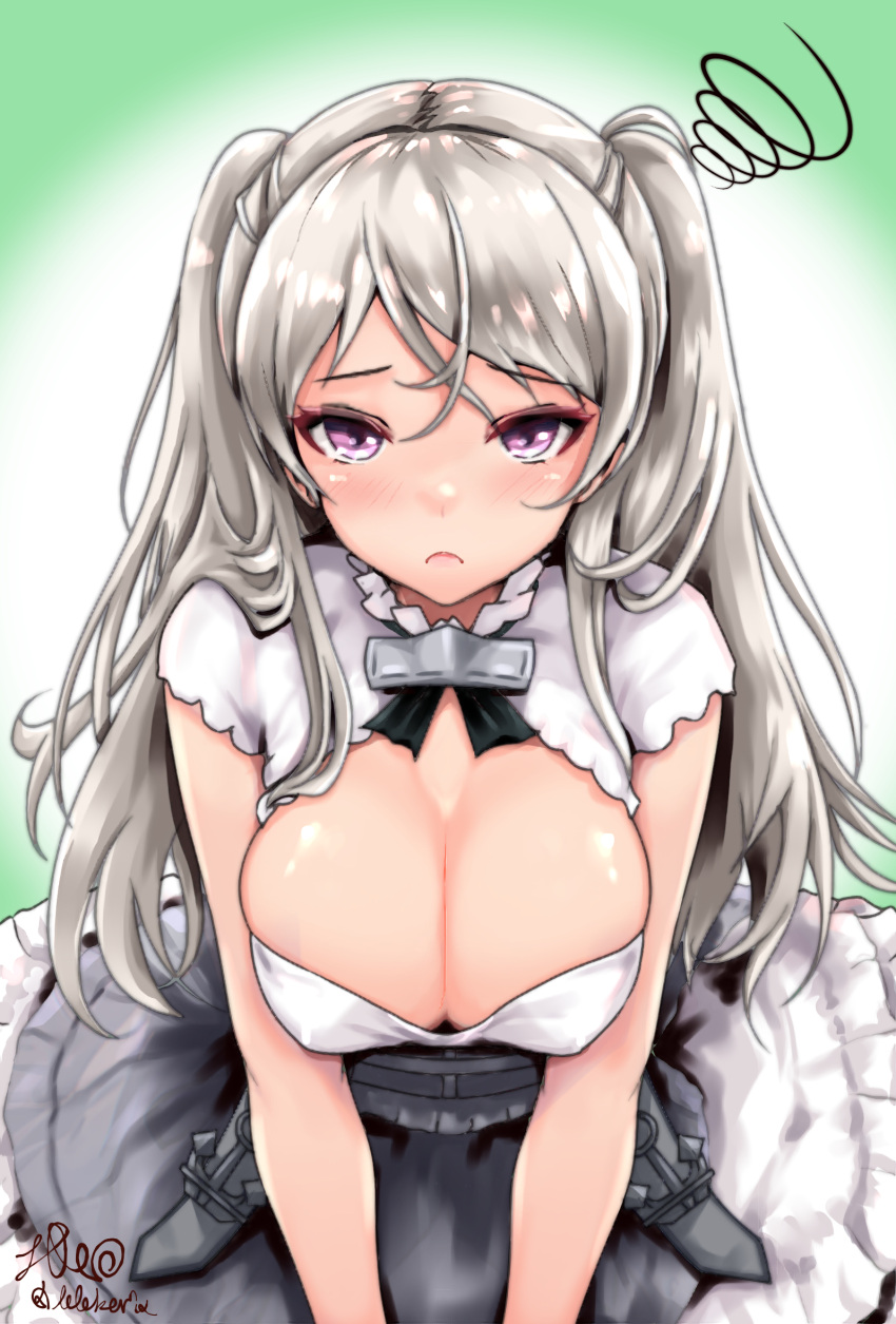 1girl armpit_cutout blush breasts brown_eyes cleavage cleavage_cutout clothing_cutout conte_di_cavour_(kancolle) conte_di_cavour_nuovo_(kancolle) corset dress frilled_dress frills gradient_background green_background grey_dress grey_hair highres kantai_collection large_breasts layered_dress long_hair looking_at_viewer open_mouth shirokuni_ochiho signature solo twitter_username two-tone_dress two_side_up upper_body white_background white_dress