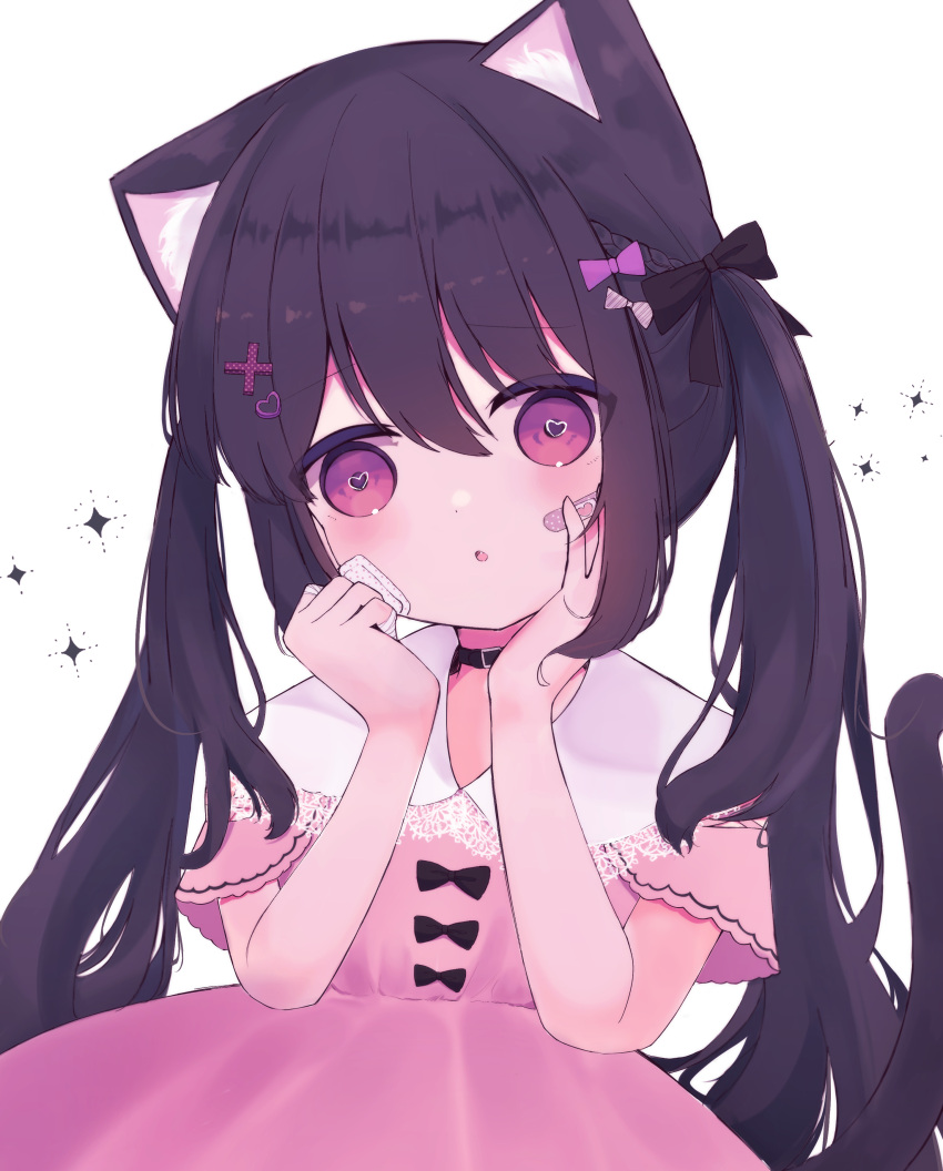 1girl absurdres animal_ears bandaid bandaid_on_cheek bandaid_on_face bow cat_ears cat_girl cat_tail choker collared_dress dress dress_bow future_c0v0c hair_bow hair_ribbon hands_on_own_cheeks hands_on_own_face heart heart-shaped_pupils highres long_hair original purple_eyes purple_hair ribbon short_sleeves solo symbol-shaped_pupils tail twintails