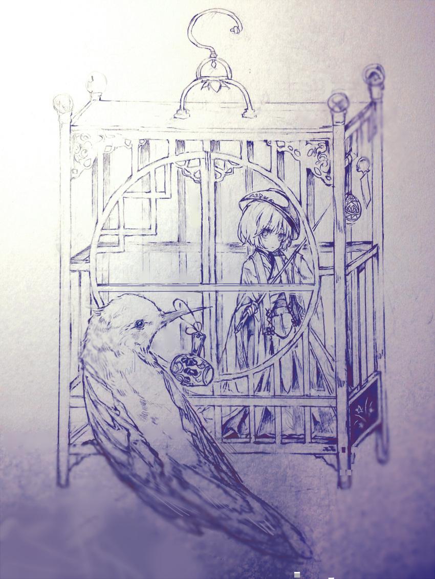 1girl absurdres bird birdcage bowl bowl_hat cage hat highres holding holding_needle japanese_clothes kimono limited_palette mini_person minigirl needle needle_sword sash solo sukuna_shinmyoumaru touhou traditional_media zhixie_jiaobu