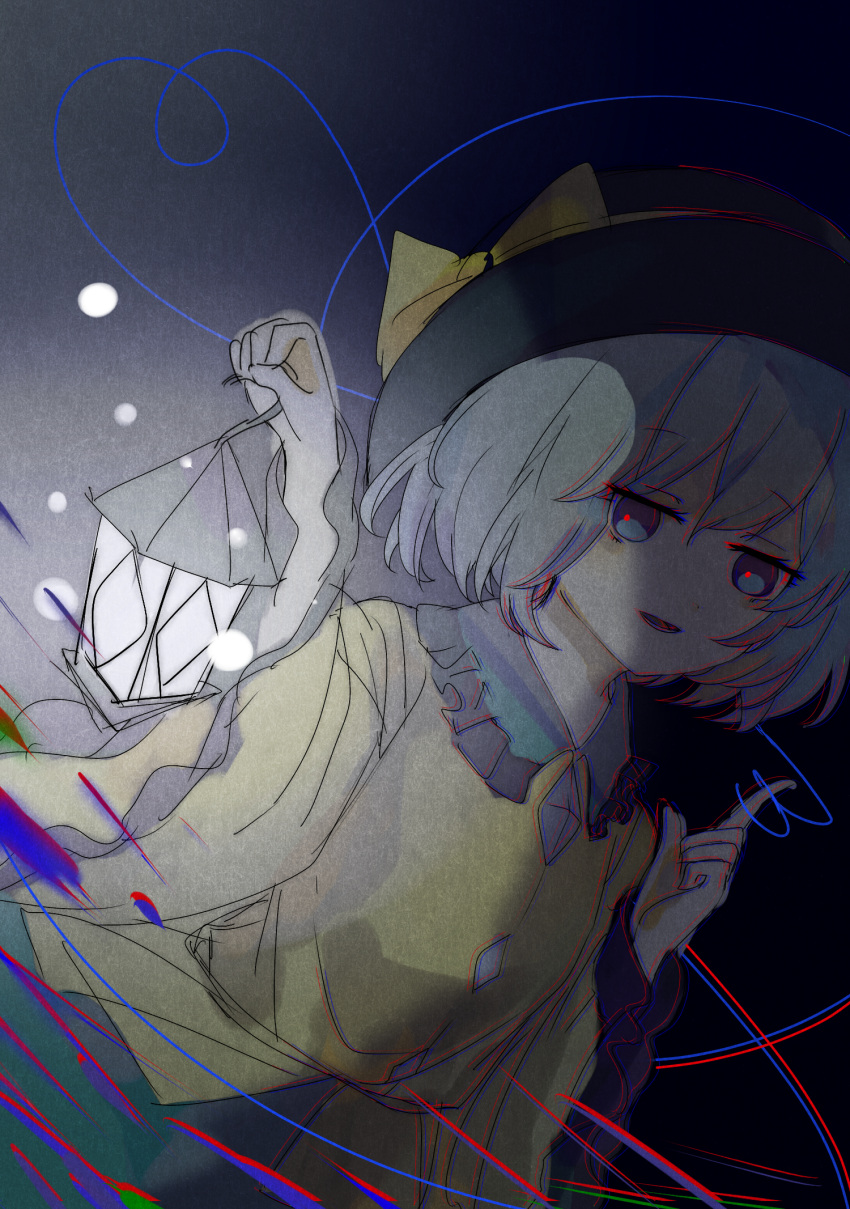 1girl blouse bow buttons diamond_button eyeball frilled_shirt_collar frilled_sleeves frills green_hair green_skirt hat hat_bow hat_ribbon heart heart_of_string highres holding holding_lamp komeiji_koishi ribbon shirt skirt solo third_eye touhou wide_sleeves yellow_bow yellow_ribbon yellow_shirt zhixie_jiaobu