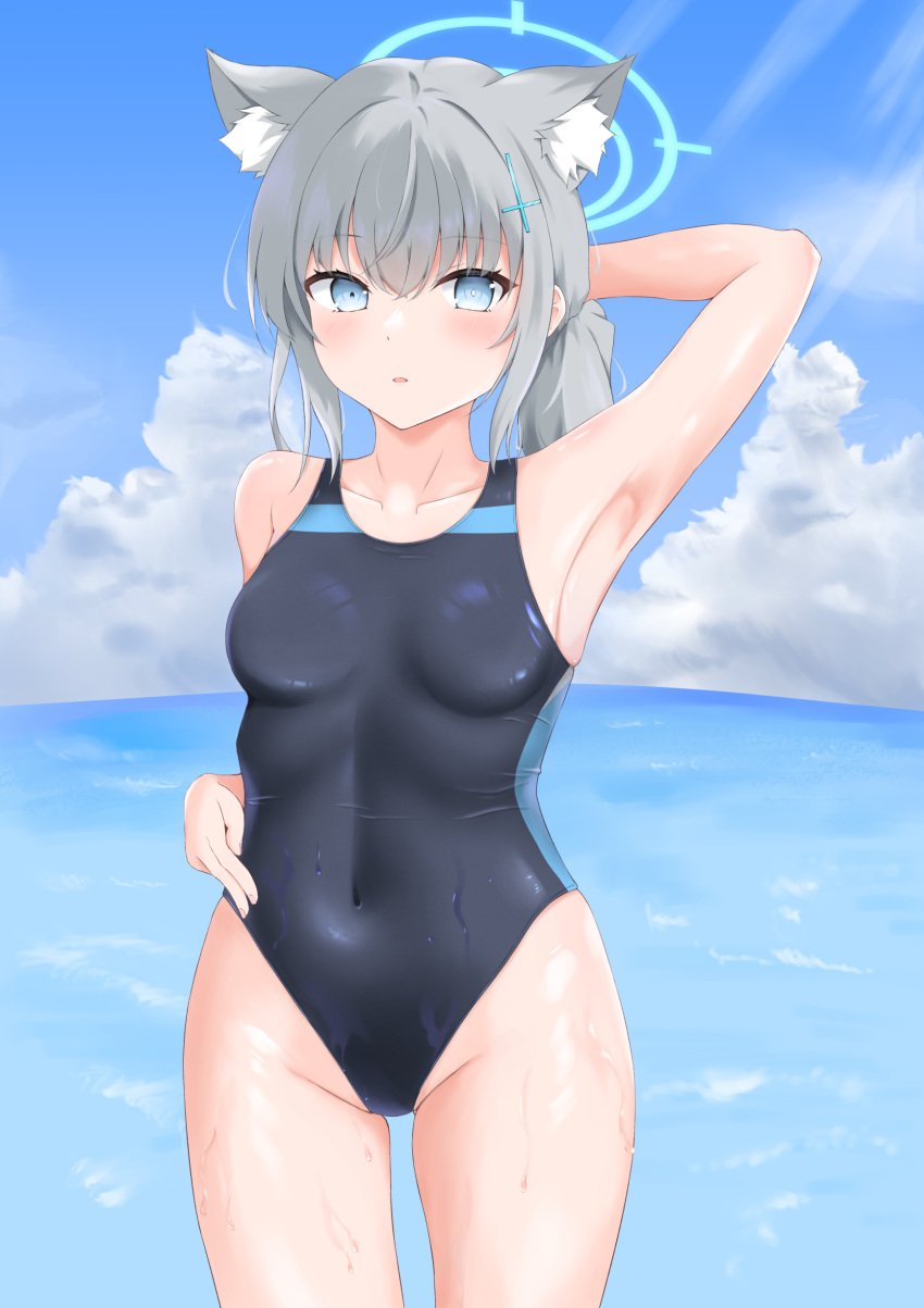 1girl absurdres animal_ear_fluff animal_ears arm_behind_head black_one-piece_swimsuit blue_archive blue_eyes blue_sky breasts cloud competition_swimsuit covered_navel cowboy_shot cross_hair_ornament day extra_ears grey_hair groin hair_ornament halo hand_on_own_hip highleg highleg_swimsuit highres horizon low_ponytail medium_breasts medium_hair mismatched_pupils mossan_(mossan65536) multicolored_clothes multicolored_swimsuit ocean official_alternate_costume one-piece_swimsuit outdoors shiroko_(blue_archive) shiroko_(swimsuit)_(blue_archive) sky solo swimsuit wolf_ears